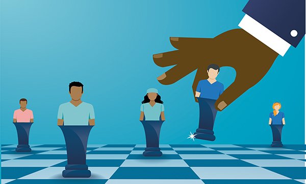 An illustration of a chess board with healthcare workers represented as chess pieces. One nurse is being picked up and moved to a different square by a big hand, representing management