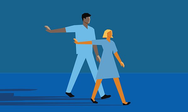 Image of a male and a female nurse in uniform walking forwards with their arms outstretched backwards and palms upward indicating refusal