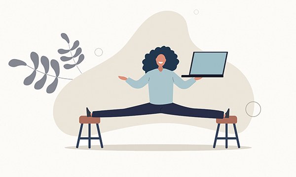 Illustration showing a nurse holding a laptop computer while doing the splits, with feet resting on two stools – suggesting one foot in work mode, one in home mode in a flexible working system