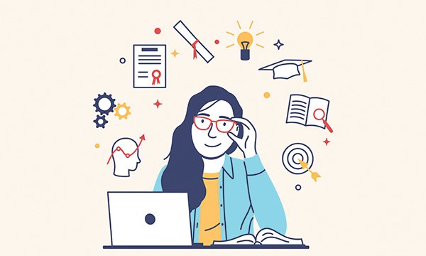Illustration showing a woman wearing glasses with her laptop computer open smiling into the distance with symbols of degree qualification, ideas, thinking and targets float around her head