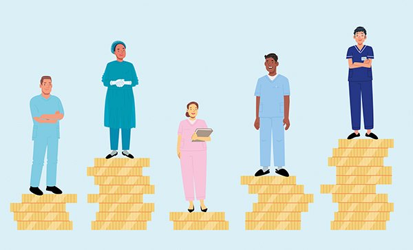 Illustration showing healthcare staff in different uniforms, representing different professions, standing on top of piles of coins of varying heights, suggesting pay differences between professions