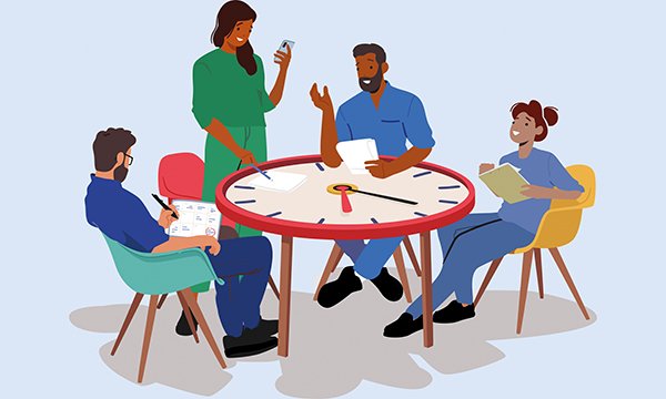 Illustration shows healthcare staff around a table formed from a clock face to suggest a team approach to rostering