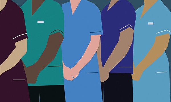 Illustration featuring five different NHS uniform tunic colours, from left to right: indigo, green, sea blue, navy blue and light blue