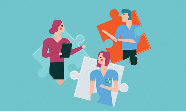 Illustration shows three jigsaw pieces, one piece showing a manager with a clipboard trying to resolve conflict between two other people (one with arms raised as if to strike) on the other two jigsaw pieces