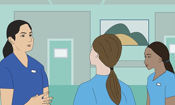Illustration of a female lead nurse talking to two female nurses who report in to her