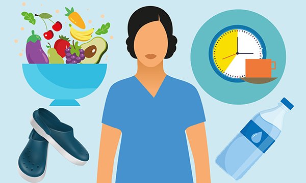 Illustration shows a nurse surrounded by images of key elements needed when working shifts: comfortable shoes; fruit and vegetables; time for hydration and a break, shown by a clock face and a cup; a bottle of water