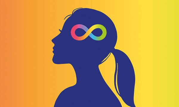 Illustration of woman's head and shoulders in profile. She holds her head high. The autism symbol – multicoloured infinity – is superimposed.