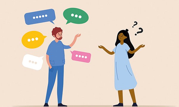 Image of two figures representing nurses, with one producing numerous speech bubbles and the other shrugging in confusion, suggesting misunderstanding or mispronunciation