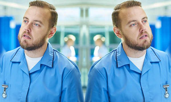Split screen photograph of nurse being pulled in two different directions