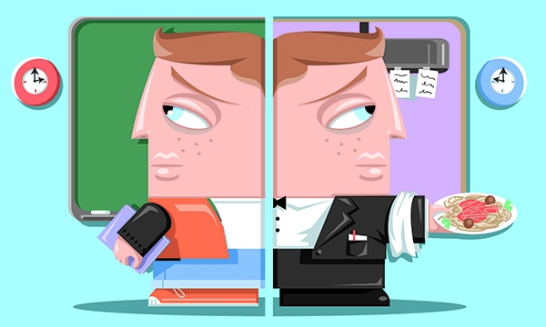 Cartoon showing student in classroom on one side and then as a waiter on the other